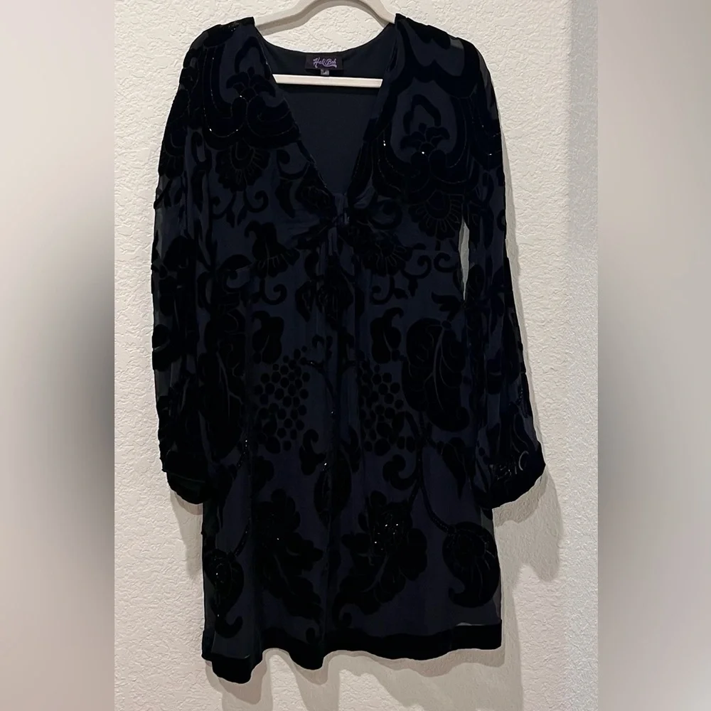 Hale Bob Black Silk Blend Velvet Burnout Floral Midi Dress | Size Medium